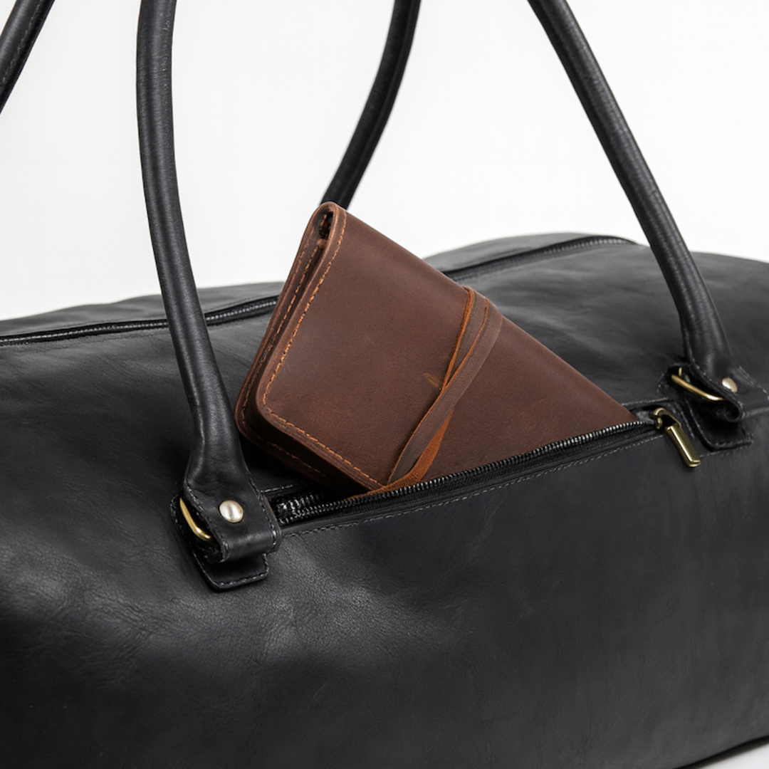 BOLSO DE VIAJE DE CUERO TRAVEL BLACK + Tarjetero Protect Antiscan de REGALO + Envío GRATIS para la RM
