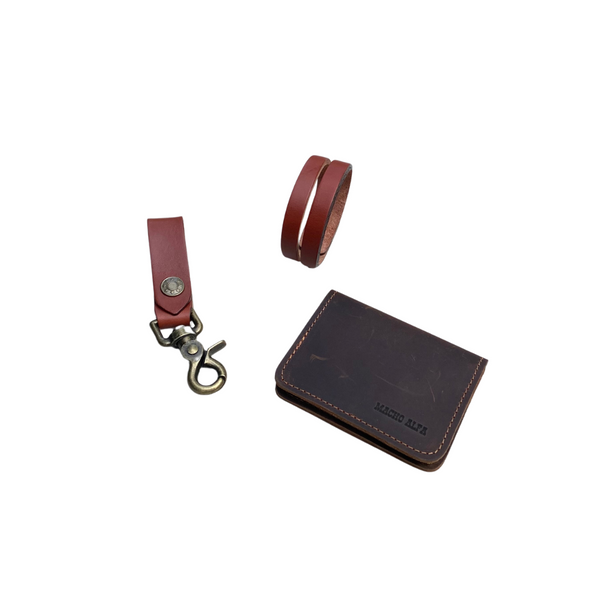 BOX TARJETERO DE CUERO + PORTALLAVES + PULSERA DE CUERO TITAN