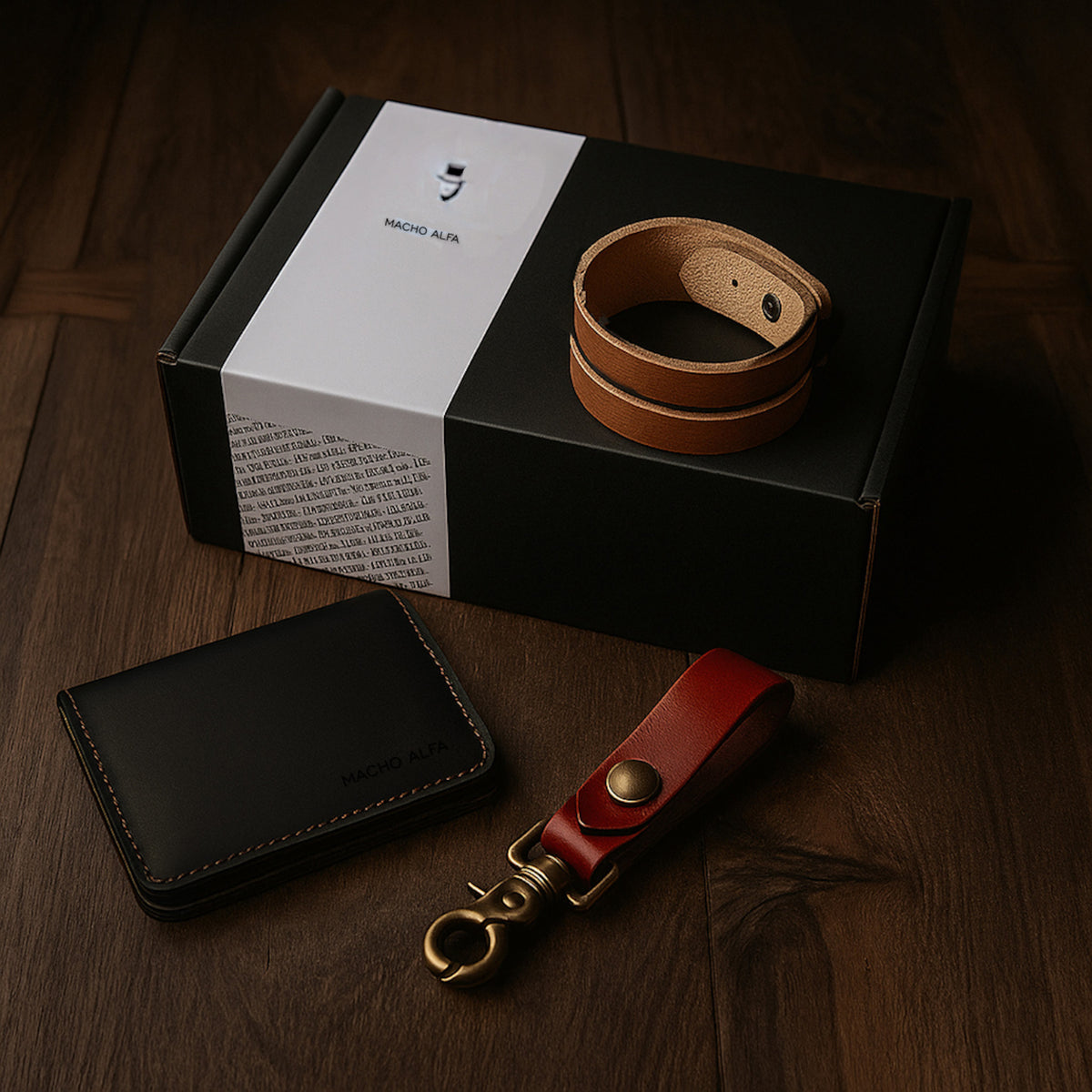 BOX TARJETERO DE CUERO + PORTALLAVES + PULSERA DE CUERO TITAN