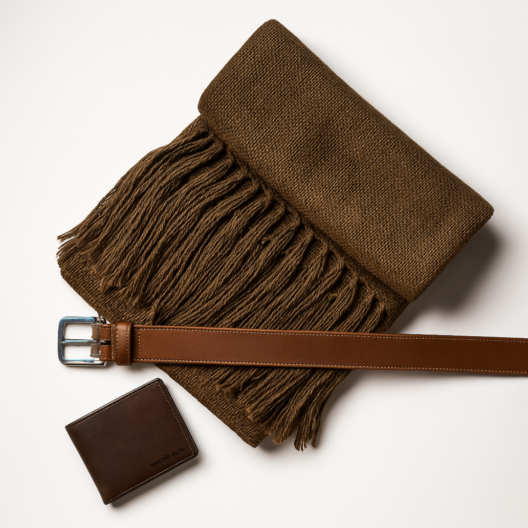 BOX BUFANDA LANA ALPACA + BILLETERA CUERO URBAN + CINTURÓN DE CUERO
