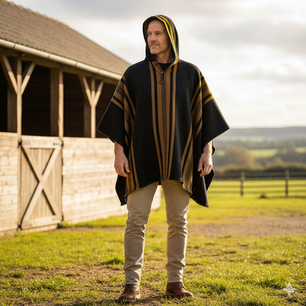 PONCHO DE ALPACA CON CAPUCHA NEGRO-CAMEL