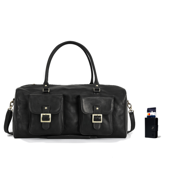 BOLSO DE VIAJE DE CUERO TRAVEL BLACK + Tarjetero Protect Antiscan de REGALO + Envío GRATIS para la RM