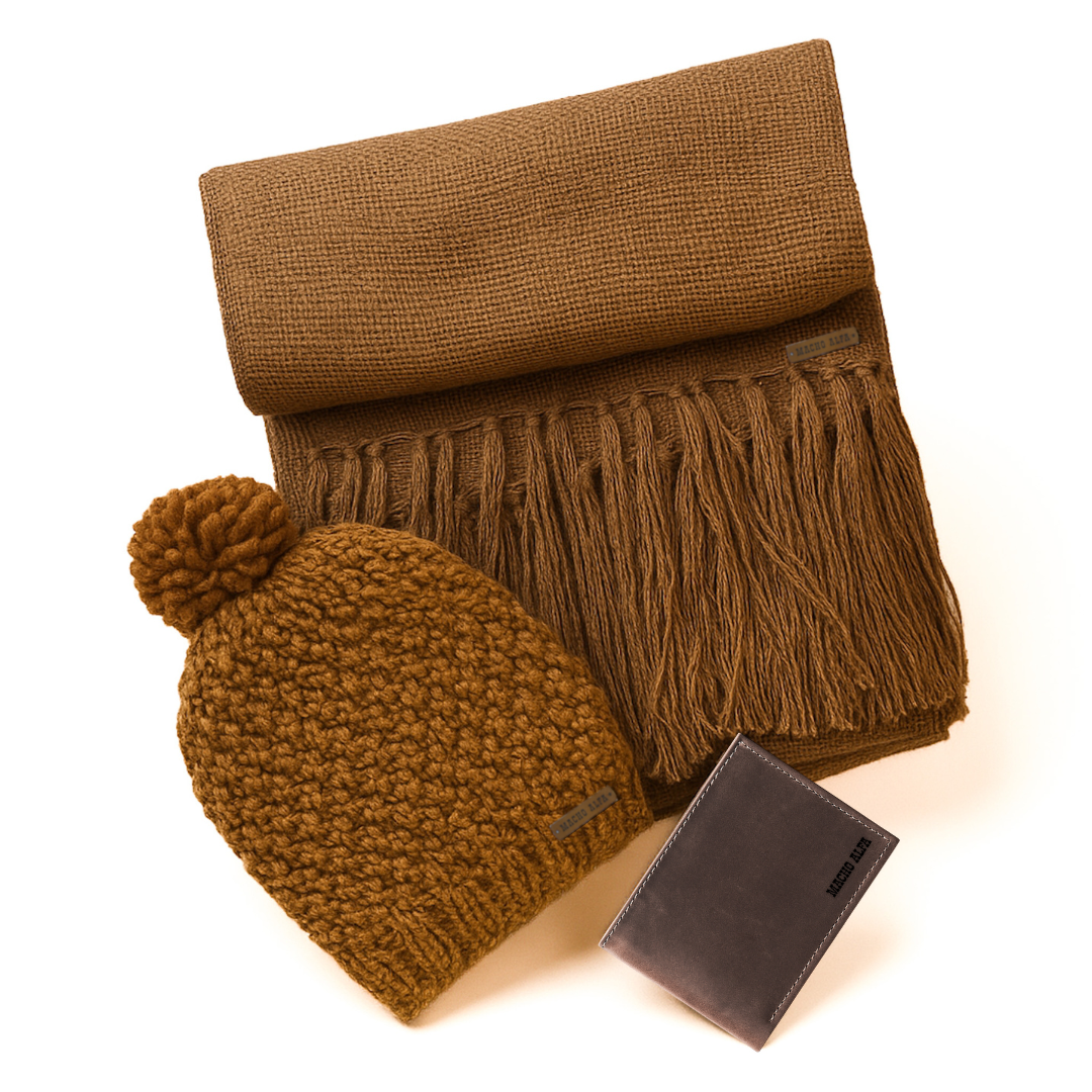 BOX BUFANDA LANA ALPACA + GORRO DE LANA + BILLETERA CUERO RUSTIC