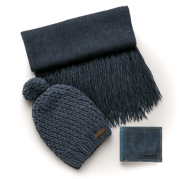 BOX BUFANDA LANA ALPACA + GORRO DE LANA + BILLETERA CUERO RUSTIC