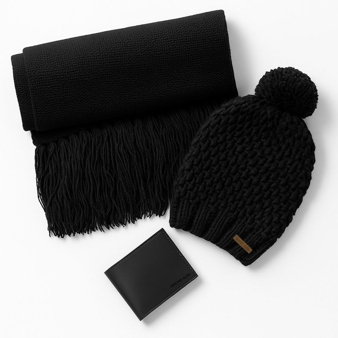 BOX BUFANDA LANA ALPACA + GORRO DE LANA + BILLETERA CUERO RUSTIC