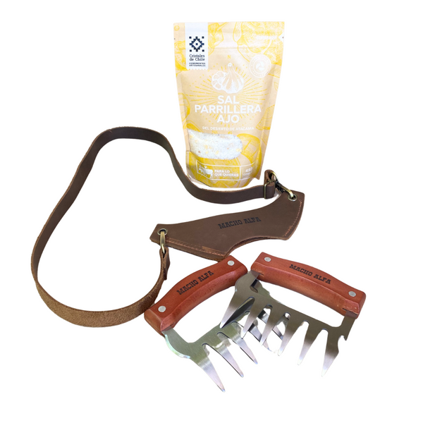 KIT PARRILLERO 4: SAL PARRILLERA, PORTACOPA Y GARRAS DE ACERO