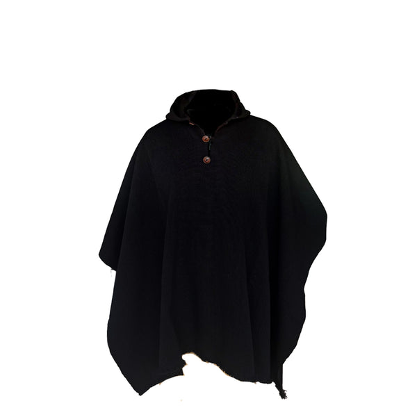 PONCHO DE LANA DE ALPACA NEGRO CON CAPUCHA