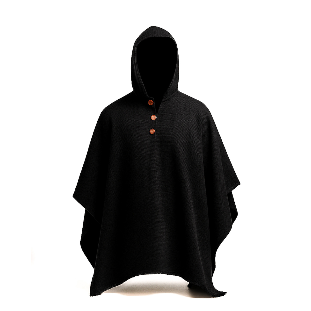 PONCHO DE LANA DE ALPACA NEGRO CON CAPUCHA