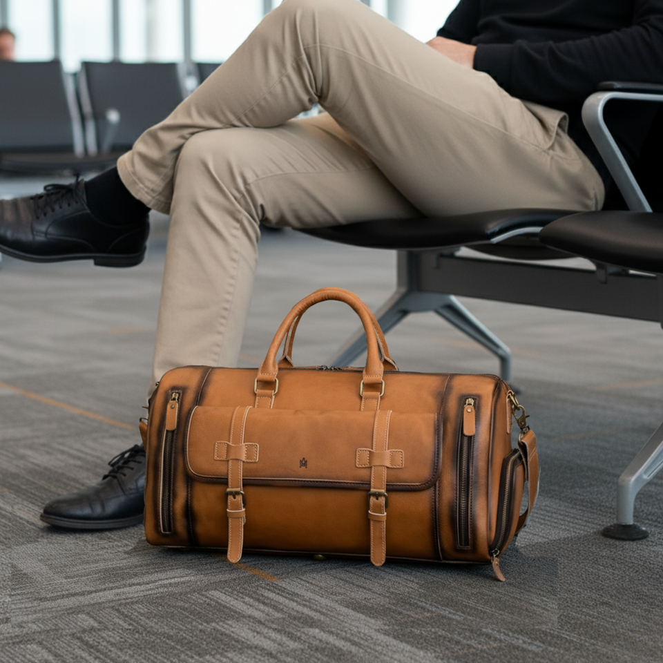 hombre con bolso de cuero esperando en sala de embarque de aeropuerto