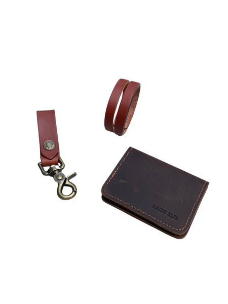 BOX TARJETERO DE CUERO + PORTALLAVES + PULSERA DE CUERO TITAN