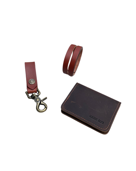 BOX TARJETERO DE CUERO + PORTALLAVES + PULSERA DE CUERO TITAN