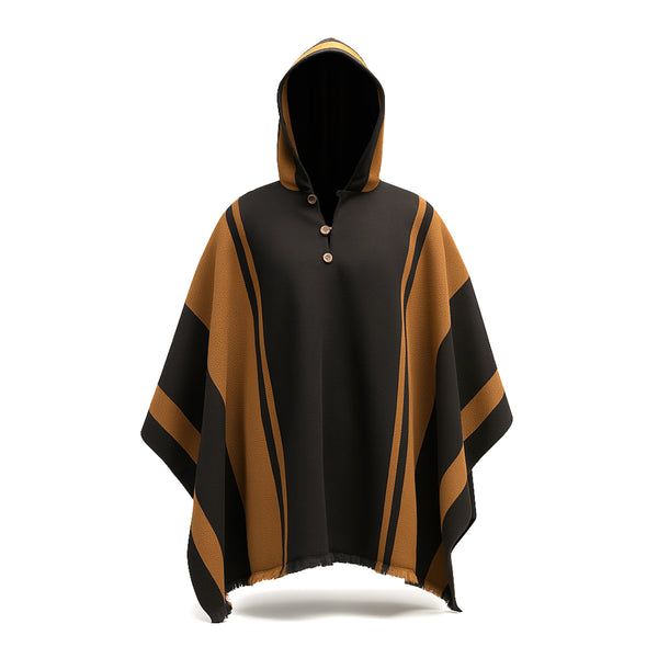 PONCHO ALPACA NEGRO-CAFÉ CON CAPUCHA