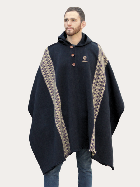 PONCHO DE ALPACA NEGRO CON CAPUCHA