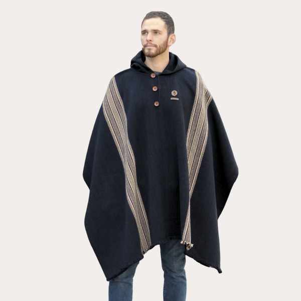 PONCHO DE ALPACA NEGRO CON CAPUCHA