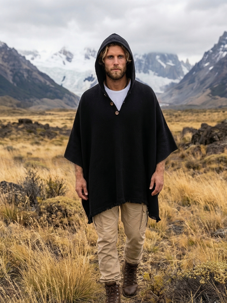 PONCHO DE LANA DE ALPACA NEGRO CON CAPUCHA