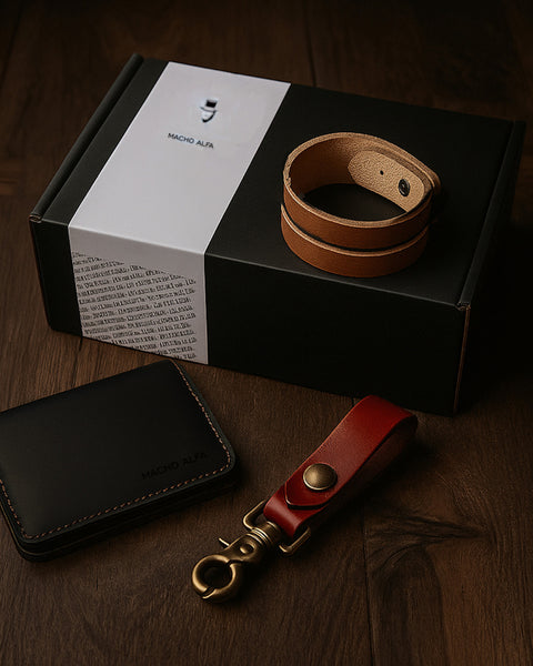 BOX TARJETERO DE CUERO + PORTALLAVES + PULSERA DE CUERO TITAN