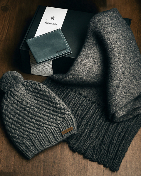 BOX BUFANDA LANA ALPACA + GORRO DE LANA + BILLETERA CUERO RUSTIC
