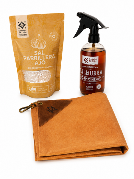BOX PARRILLERO ESENCIAL — PAÑO DE CUERO + SALMUERA + SAL