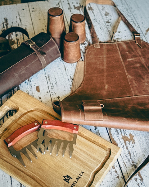 PACK PECHERA DE CUERO + PORTACUCHILLOS PREMIUM + TABLA DE MADERA + GARRAS DE ACERO + JUEGO DE 6 CACHOS