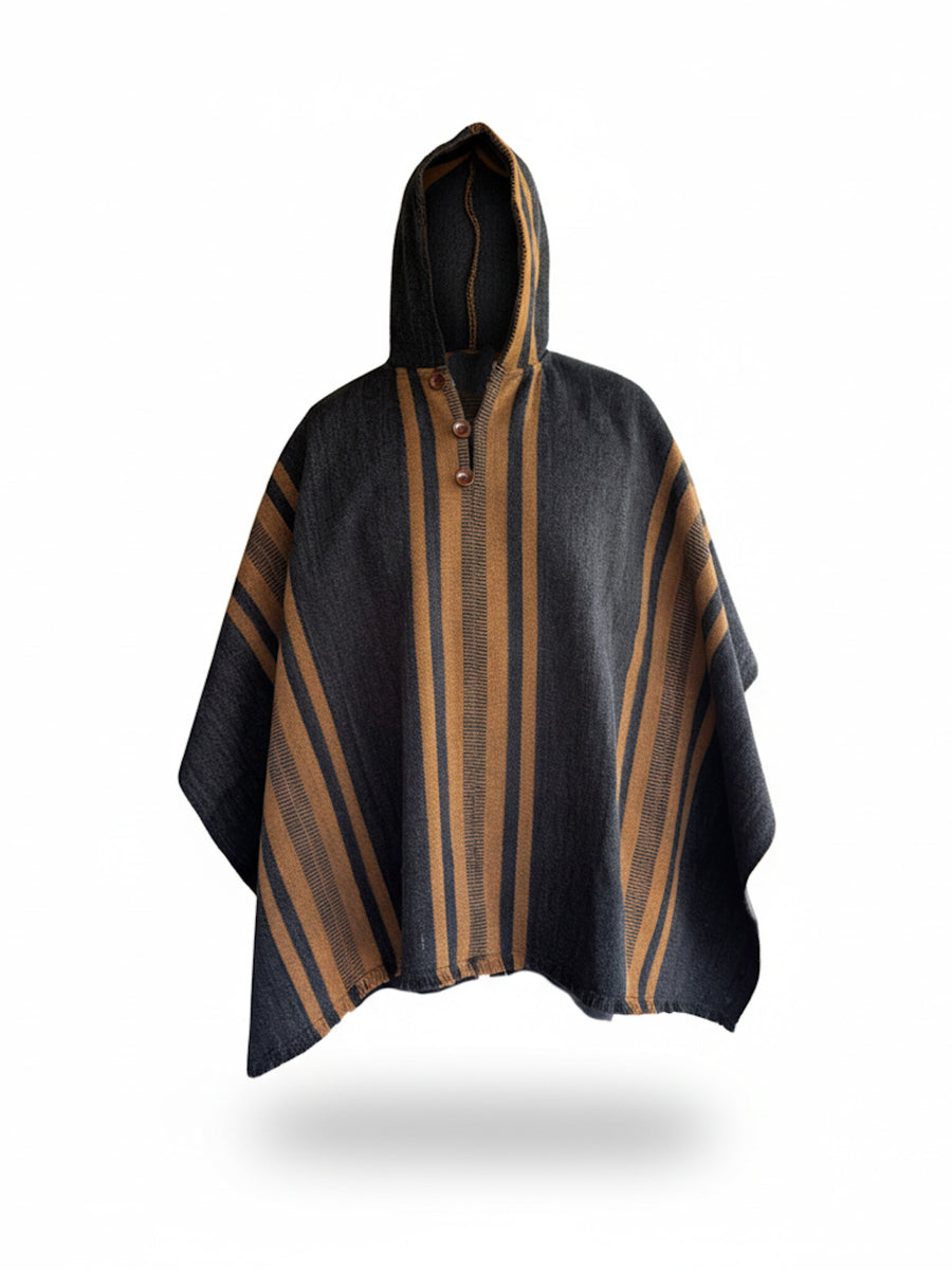 PONCHO ALPACA PARA HOMBRE CON CAPUCHA GRIS MARENGO-CAMEL