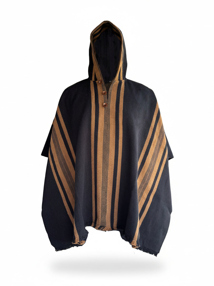 PONCHO DE ALPACA CON CAPUCHA NEGRO-CAMEL