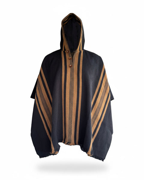 PONCHO DE ALPACA CON CAPUCHA NEGRO-CAMEL