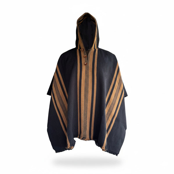 PONCHO DE ALPACA CON CAPUCHA NEGRO-CAMEL