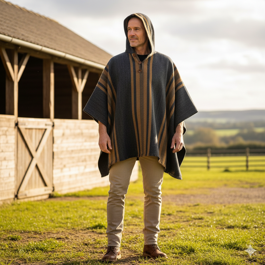 PONCHO ALPACA PARA HOMBRE CON CAPUCHA GRIS MARENGO-CAMEL