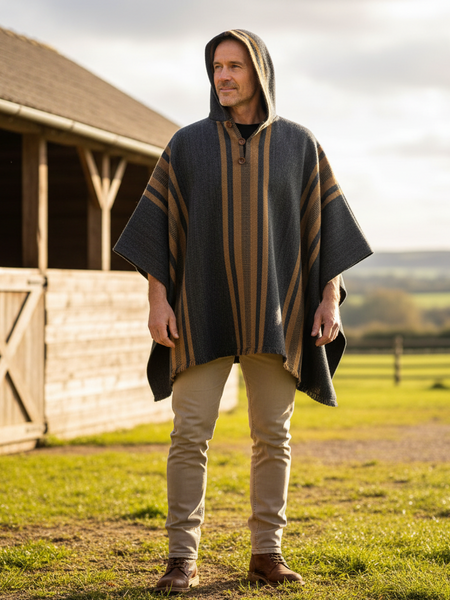 PONCHO ALPACA PARA HOMBRE CON CAPUCHA GRIS MARENGO-CAMEL