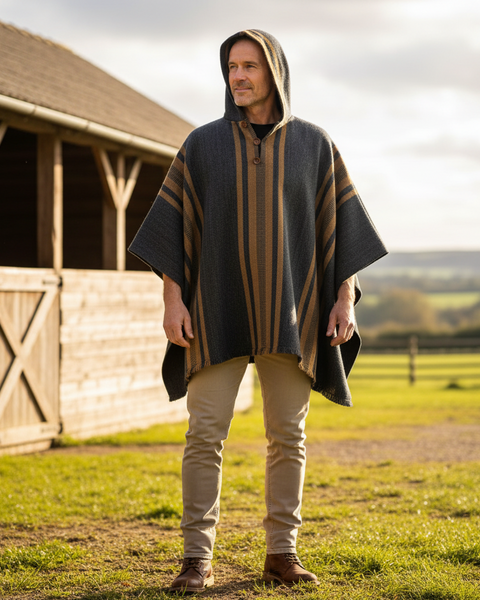 PONCHO ALPACA PARA HOMBRE CON CAPUCHA GRIS MARENGO-CAMEL
