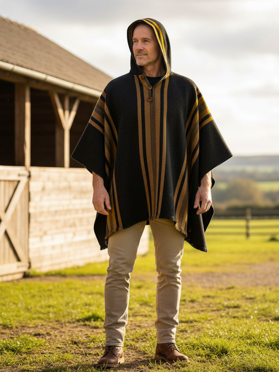 PONCHO DE ALPACA CON CAPUCHA NEGRO-CAMEL