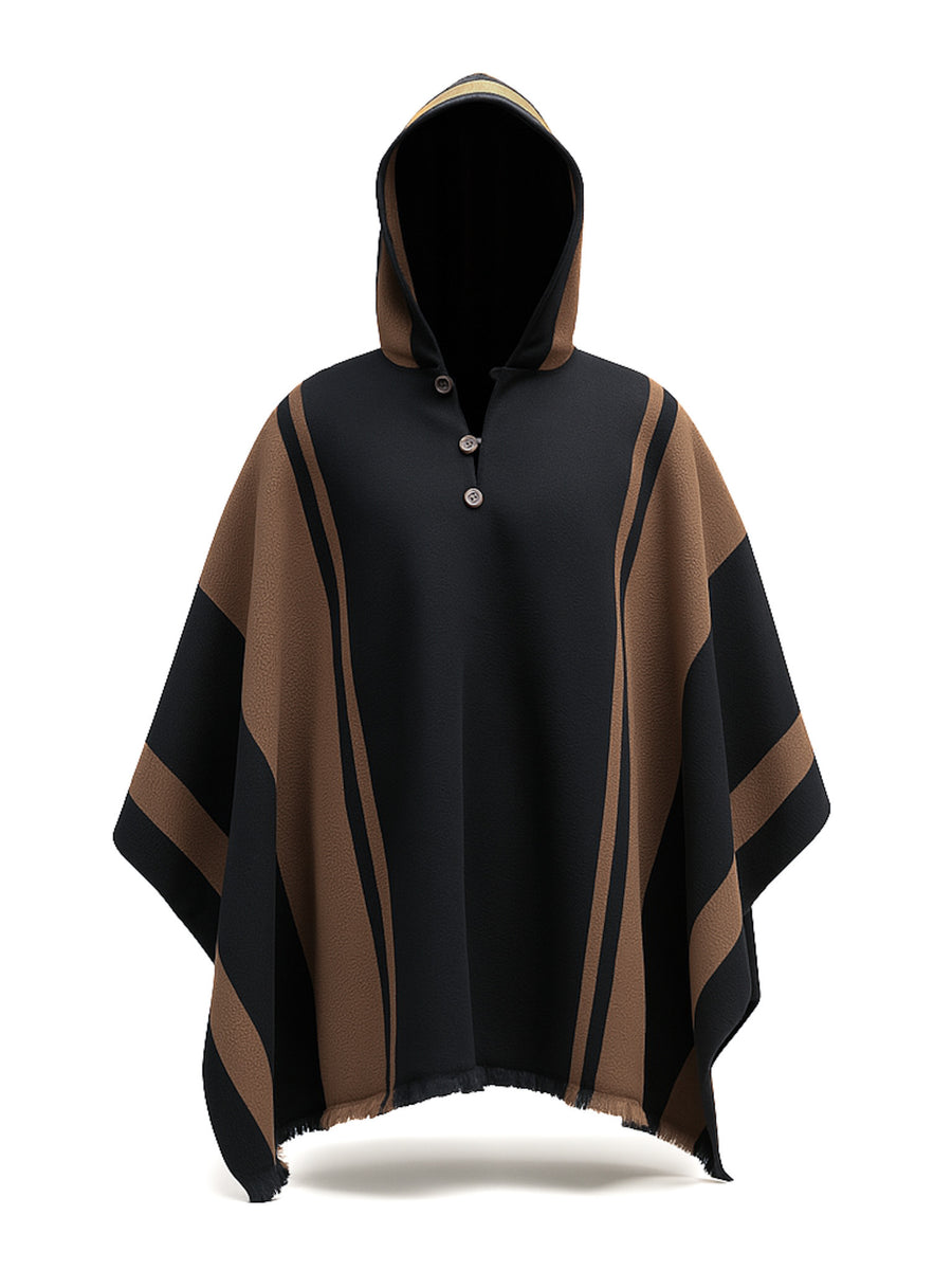 PONCHO ALPACA NEGRO-CAFÉ CON CAPUCHA