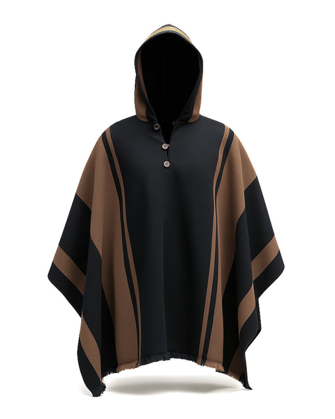 PONCHO ALPACA NEGRO-CAFÉ CON CAPUCHA