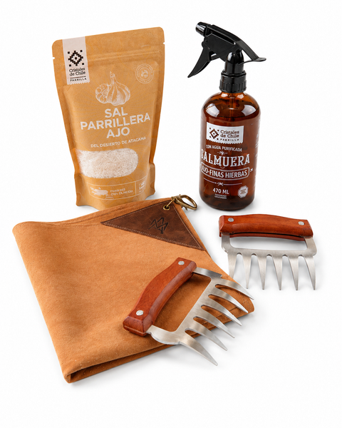 PACK PARRILLERO COMPLETO — GARRAS + PAÑO DE CUERO + SALMUERA + SAL