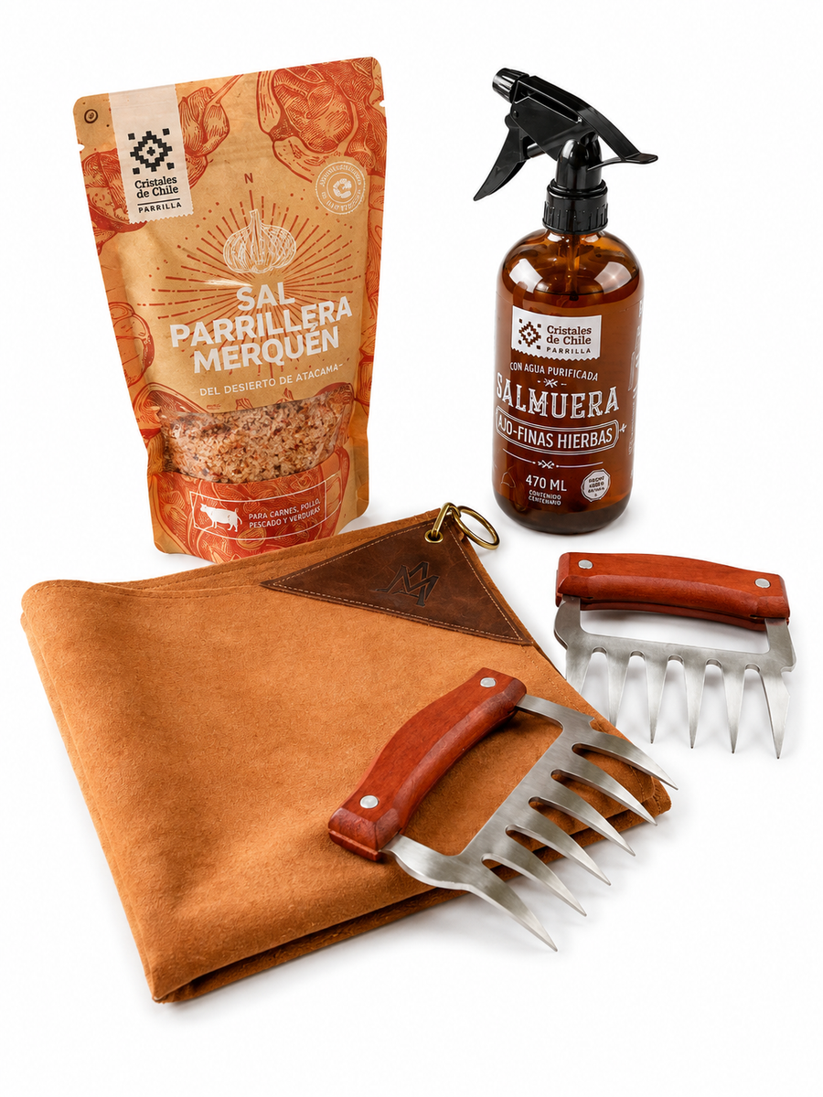 PACK PARRILLERO COMPLETO — GARRAS + PAÑO DE CUERO + SALMUERA + SAL