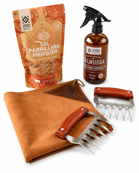 PACK PARRILLERO COMPLETO — GARRAS + PAÑO DE CUERO + SALMUERA + SAL