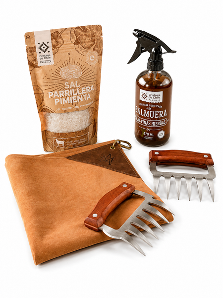 PACK PARRILLERO COMPLETO — GARRAS + PAÑO DE CUERO + SALMUERA + SAL