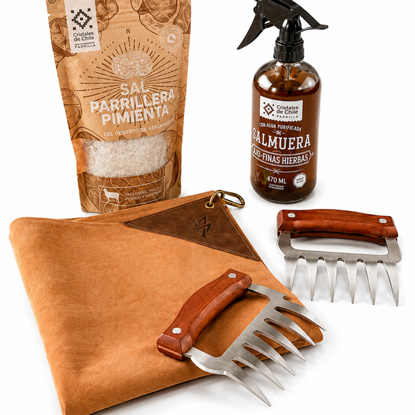 PACK PARRILLERO COMPLETO — GARRAS + PAÑO DE CUERO + SALMUERA + SAL