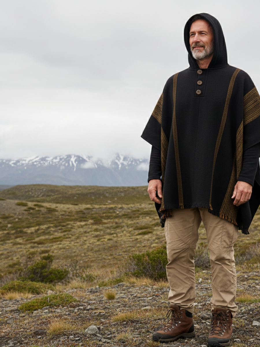 PONCHO LANA DE ALPACA NEGRO FINE CAMEL