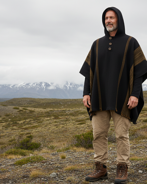 PONCHO LANA DE ALPACA NEGRO FINE CAMEL