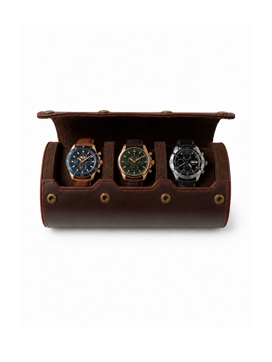 ESTUCHE PORTA RELOJ CUERO GENUINO 3 PIEZAS
