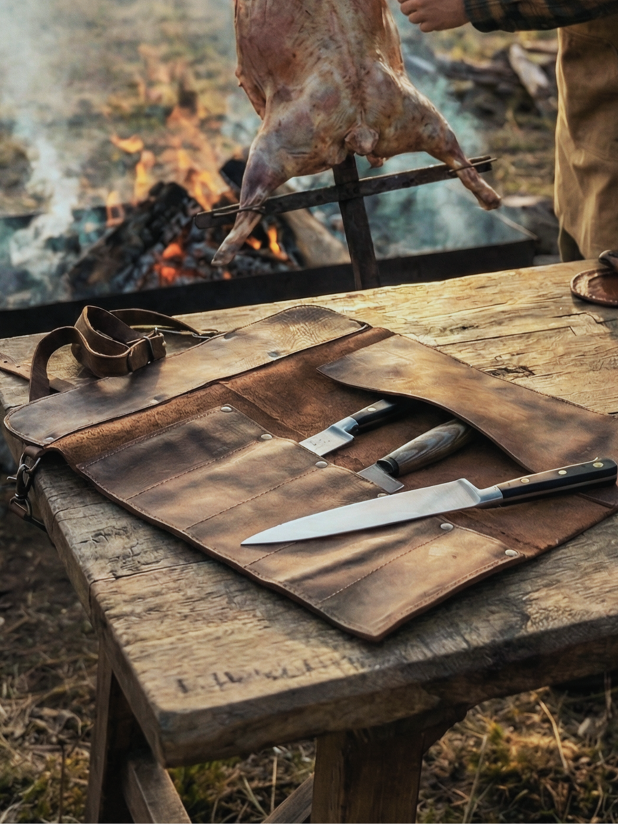 BOX DE REGALO PORTACUCHILLOS PARRILLERO + JUEGO DE CARTAS + JUEGO DE 4 CACHOS