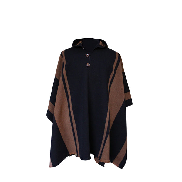 PONCHO ALPACA NEGRO-CAFÉ CON CAPUCHA