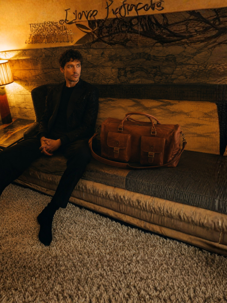 BOLSO SE VIAJE DE CUERO GENUINO TRAVEL CARAMEL