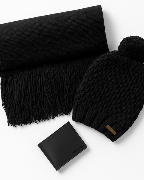 BOX BUFANDA LANA ALPACA + GORRO DE LANA + BILLETERA CUERO RUSTIC
