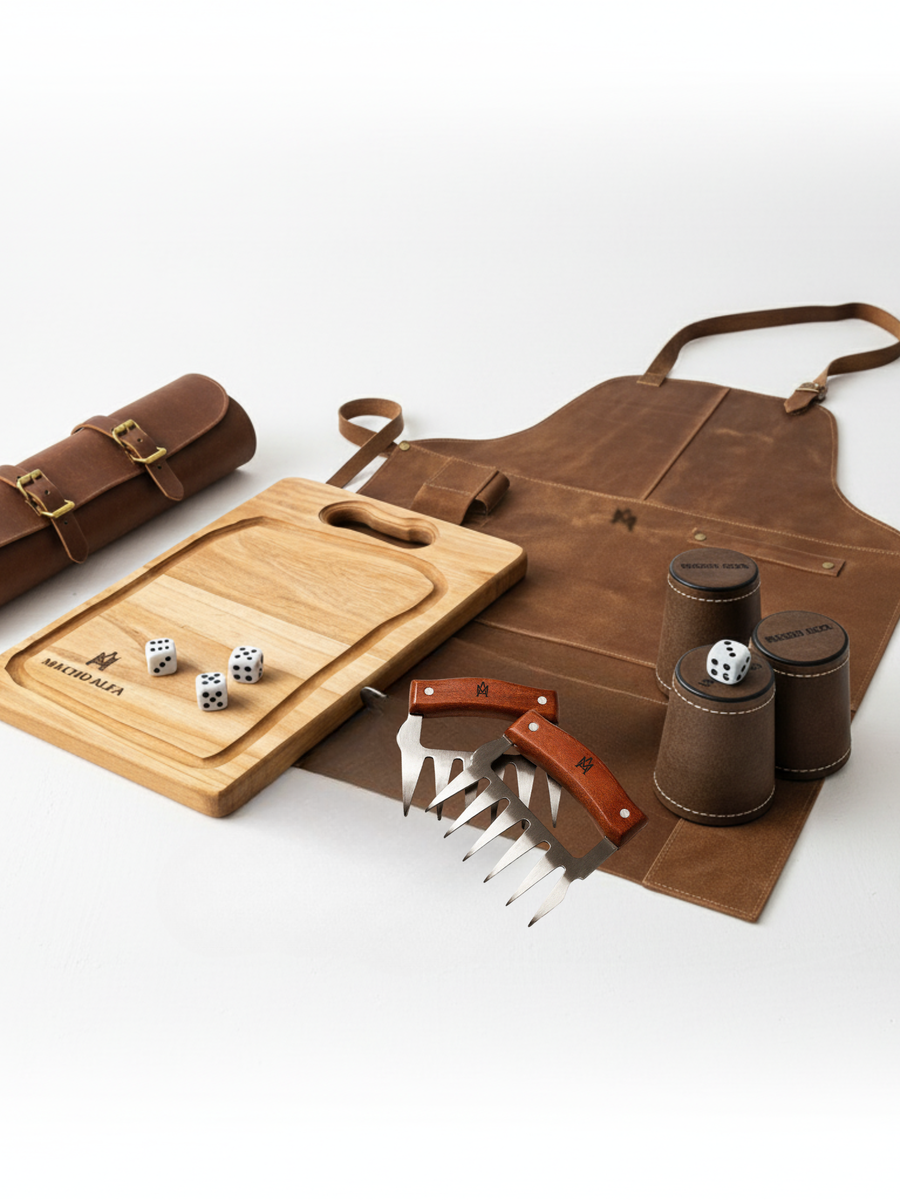 PACK PECHERA DE CUERO + PORTACUCHILLOS PREMIUM + TABLA DE MADERA + GARRAS DE ACERO + JUEGO DE 6 CACHOS