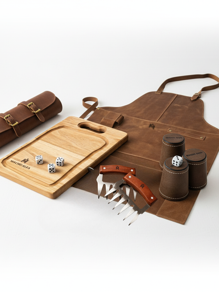 PACK PECHERA DE CUERO + PORTACUCHILLOS PREMIUM + TABLA DE MADERA + GARRAS DE ACERO + JUEGO DE 6 CACHOS