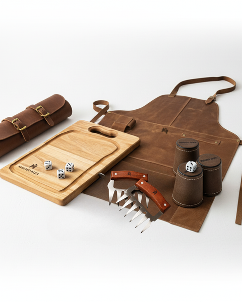PACK PECHERA DE CUERO + PORTACUCHILLOS PREMIUM + TABLA DE MADERA + GARRAS DE ACERO + JUEGO DE 6 CACHOS