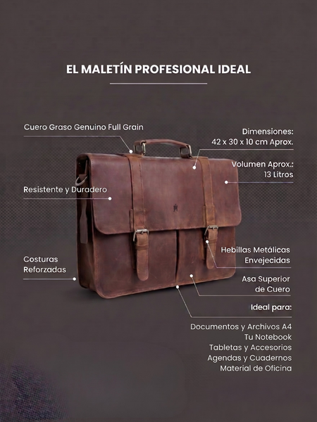 MALETIN DE CUERO GENUINO FULL GRAIN OLD YORK MORO