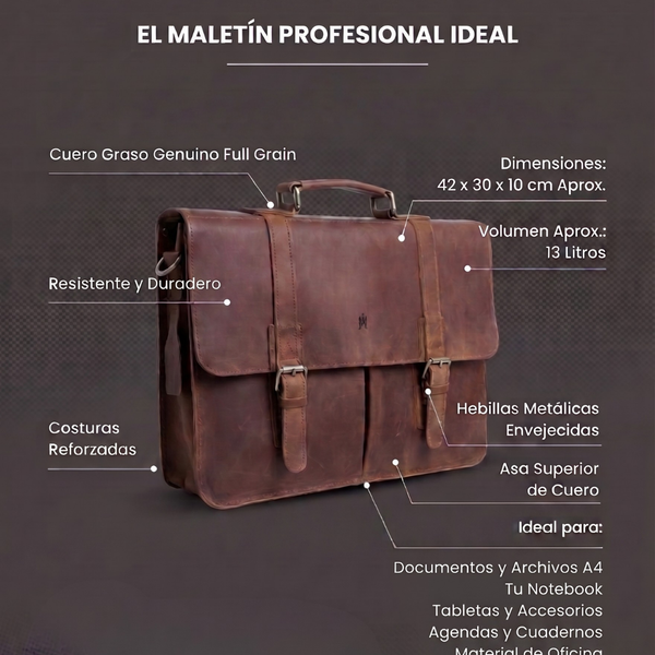 MALETIN DE CUERO GENUINO FULL GRAIN OLD YORK MORO